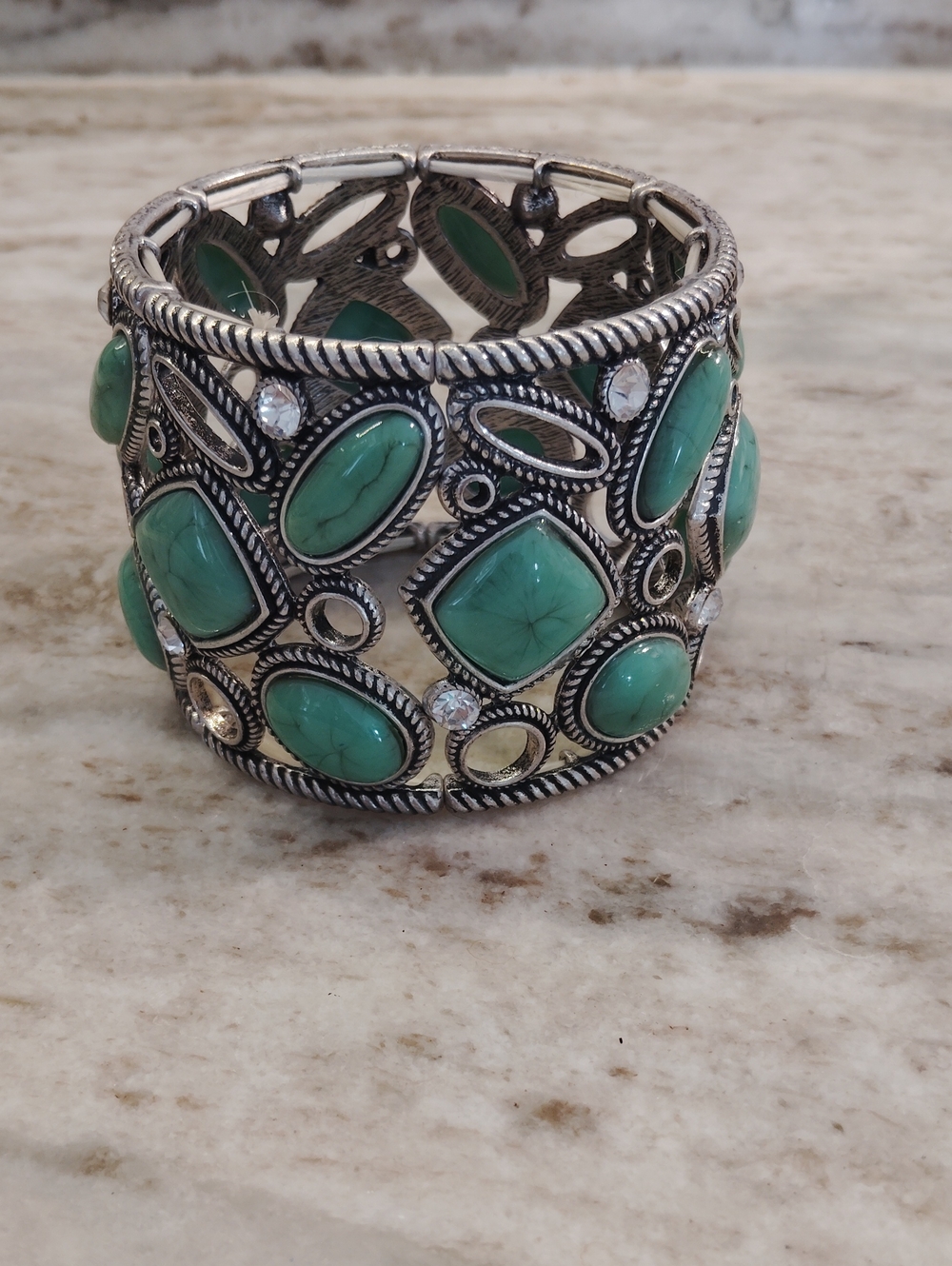 Silver-Tone Cuff Bracelet with Green Turquoise Stones